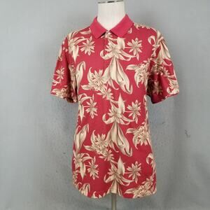 Bahama Bay Club Polo Shirt Mens 2XL Red Tan Hawaiian Floral Aloha Short Sleeve